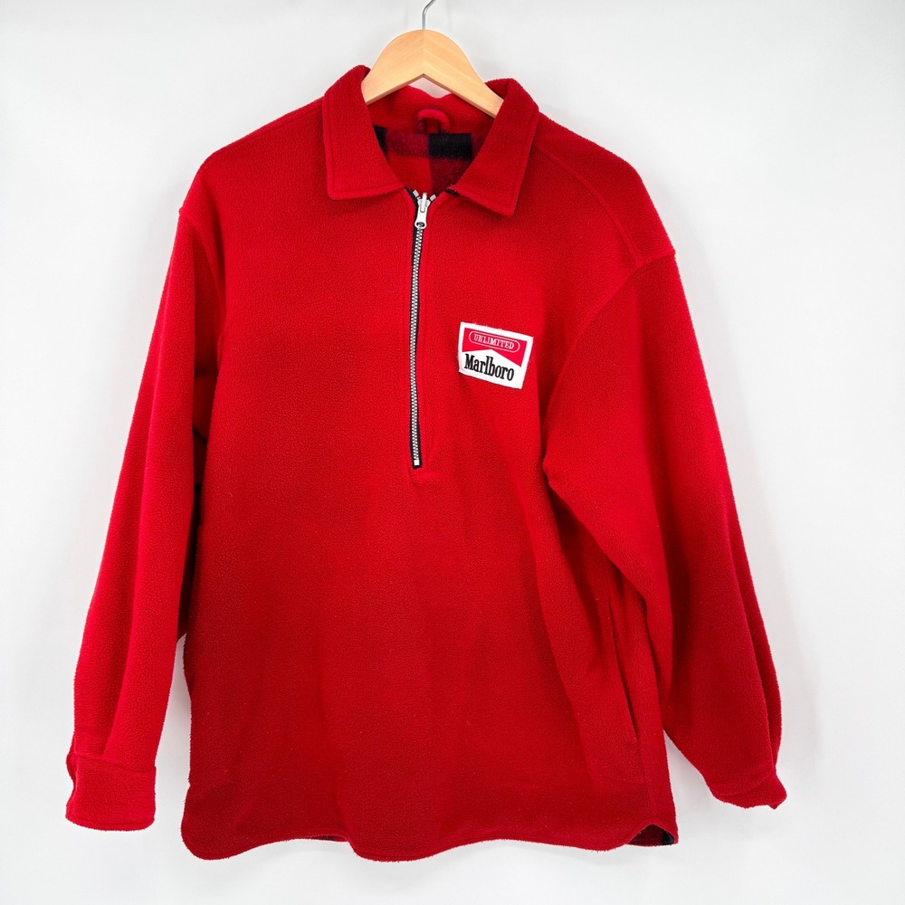 Marlboro‎ Reversible Fleece Red/Black Checked 1/4 Zip Pullover Jacket Men's S
